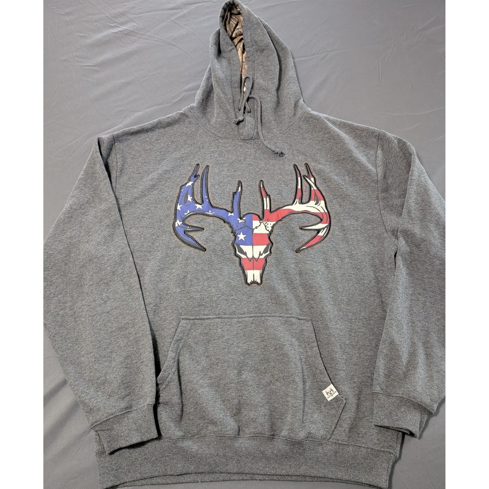 Buck Wear Mens XL Gray American Flag Deer Skull Camo Lined Hoodie Pullover